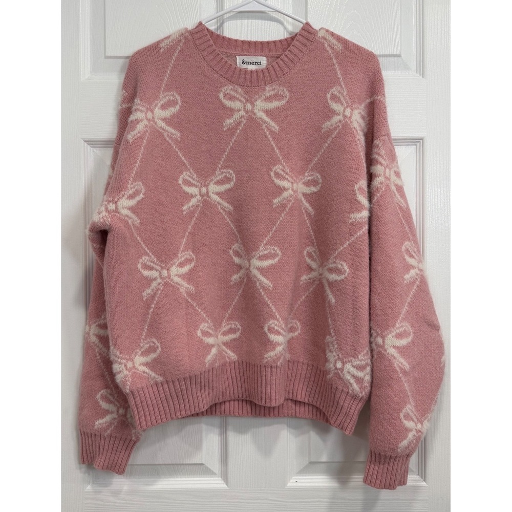 &merci Womens Pink Bow Fuzzy Knit Sweater Coquette Intarsia Crewneck Large L